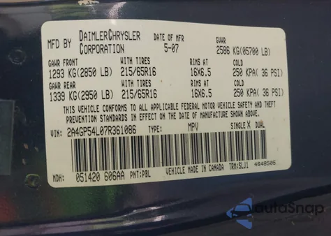 2007 Chrysler Town & Country Touring from USA, damaged, VIN 2A4GP54L07R361086